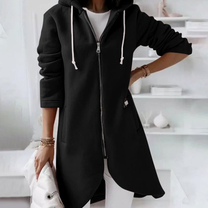 Women's Longline Hooded Zip-Up A-Line Jacket - Black