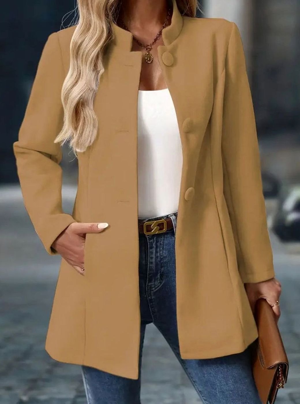 Women's Longline Open-Front Collarless Structured Blazer - Camel