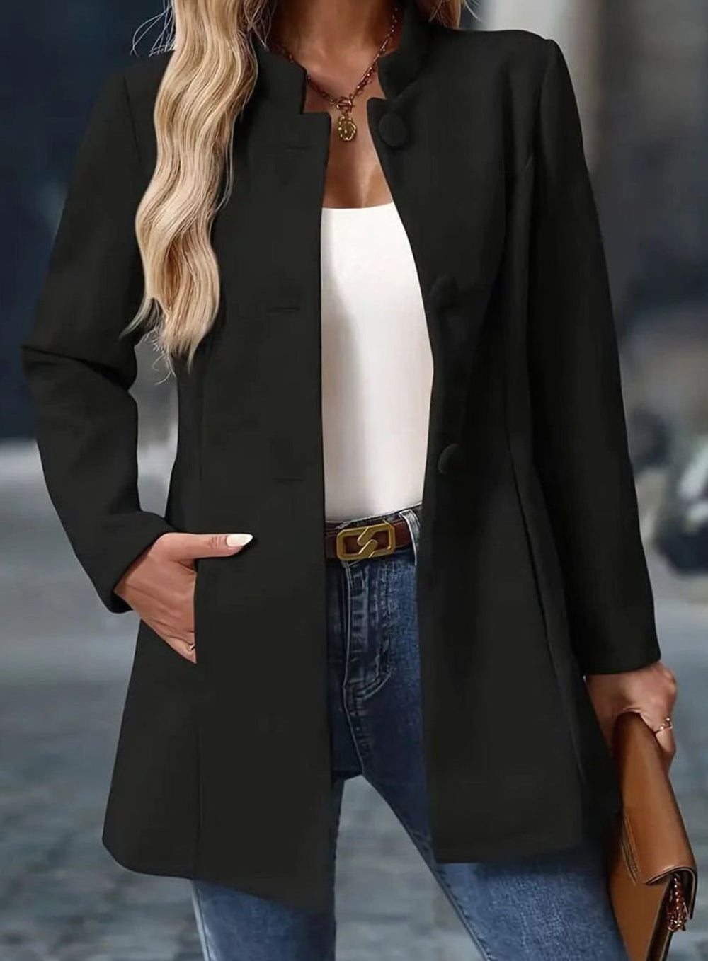 Women's Longline Open-Front Collarless Structured Blazer - Black