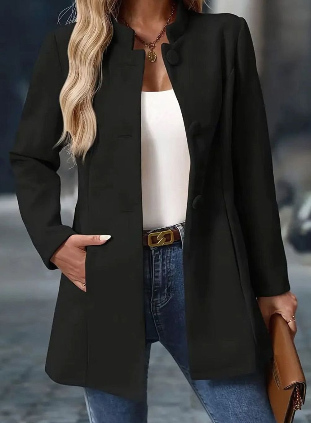 Women's Longline Open-Front Collarless Structured Blazer - Black