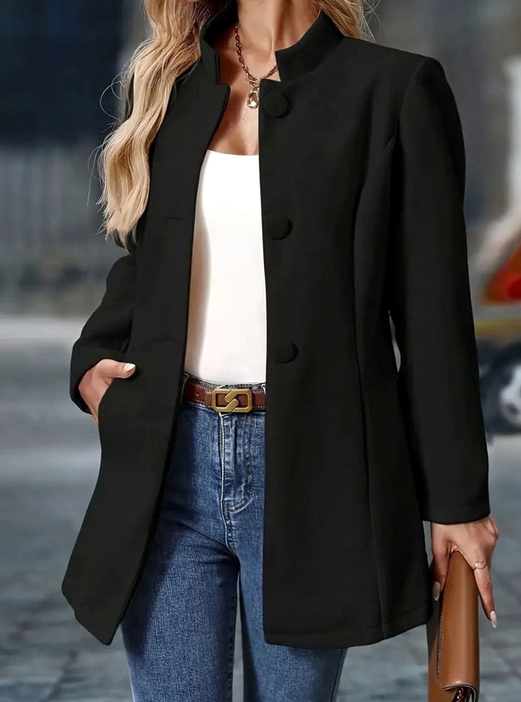 Women's Longline Open-Front Collarless Structured Blazer
