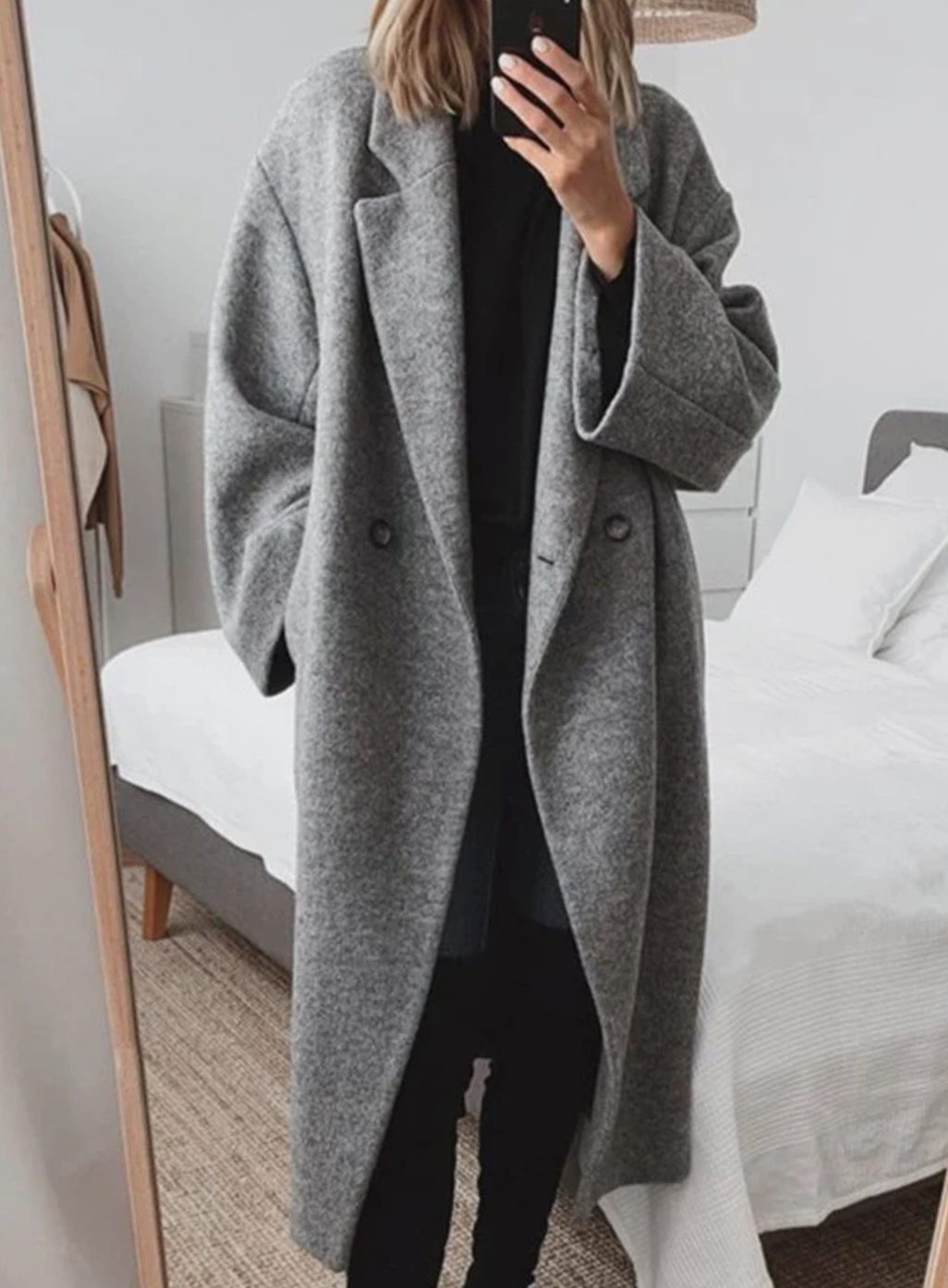 Women's Longline Oversized Double-Breasted Wool-Blend Winter Coat - Gray