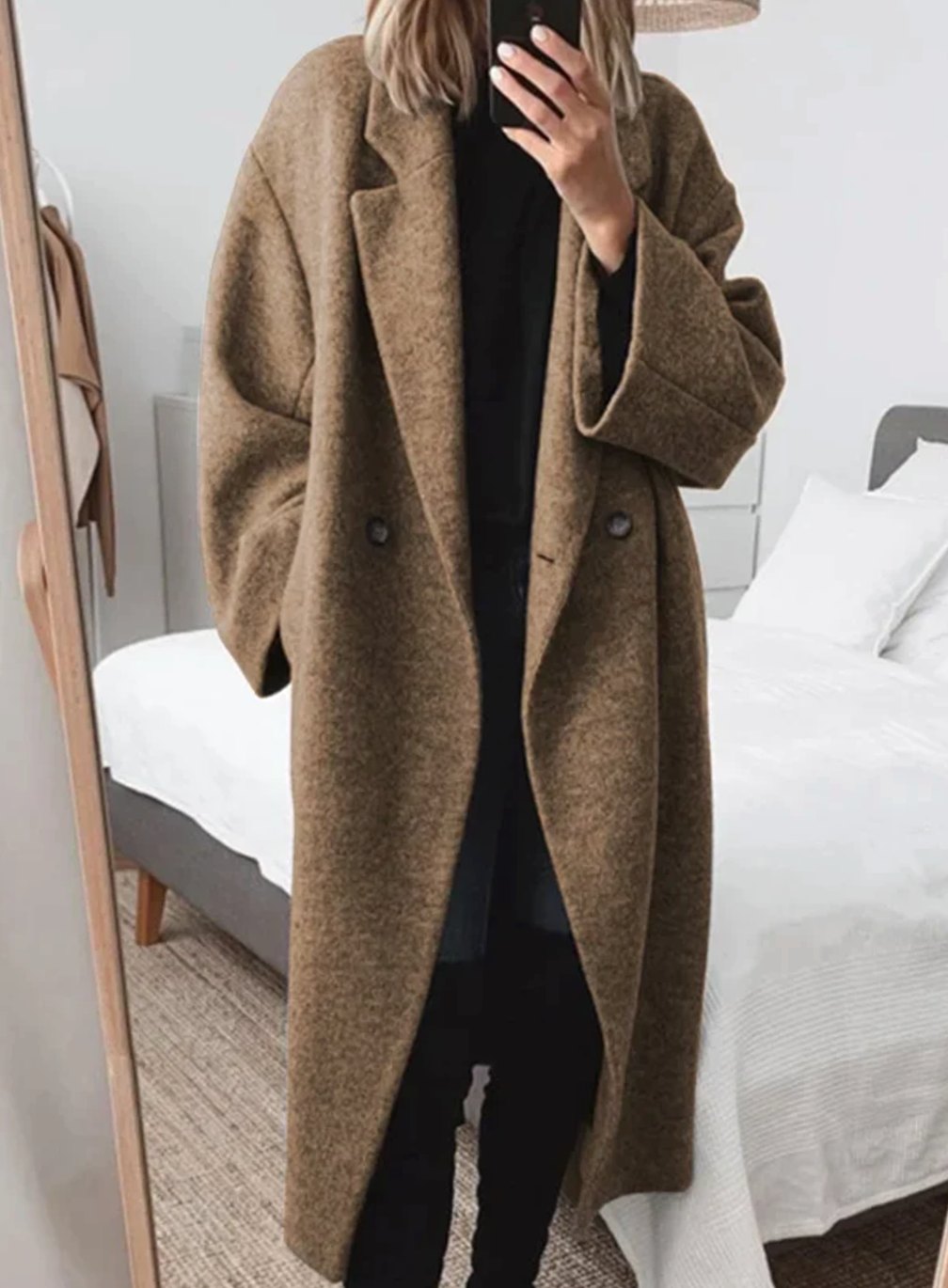 Women's Longline Oversized Double-Breasted Wool-Blend Winter Coat - Brown