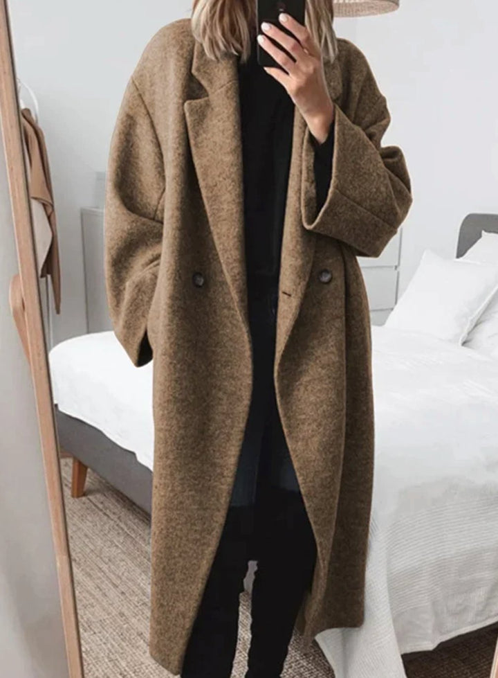 Women's Longline Oversized Double-Breasted Wool-Blend Winter Coat - Brown