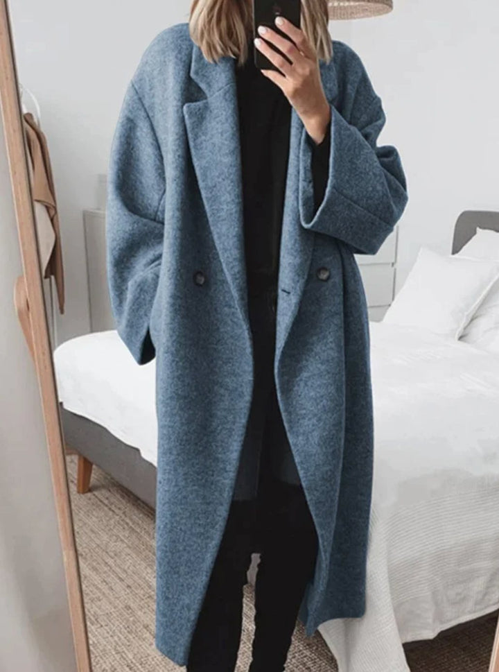 Women's Longline Oversized Double-Breasted Wool-Blend Winter Coat - Blue