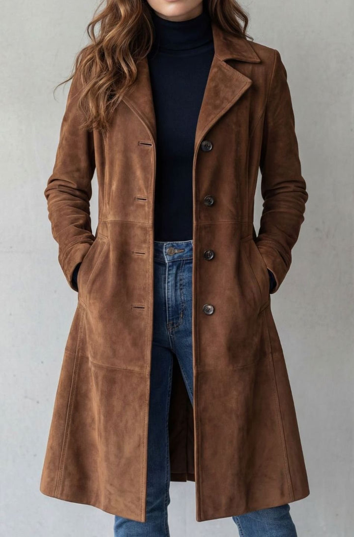 Women's Longline Vintage Suede-Finish Button-Up Winter Coat - Brown