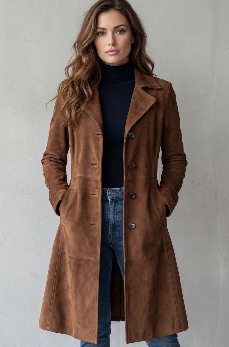 Women's Longline Vintage Suede-Finish Button-Up Winter Coat