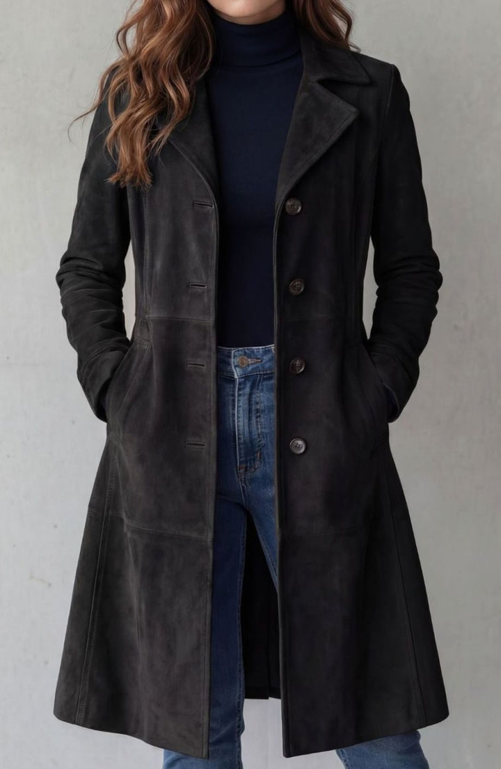 Women's Longline Vintage Suede-Finish Button-Up Winter Coat - Black