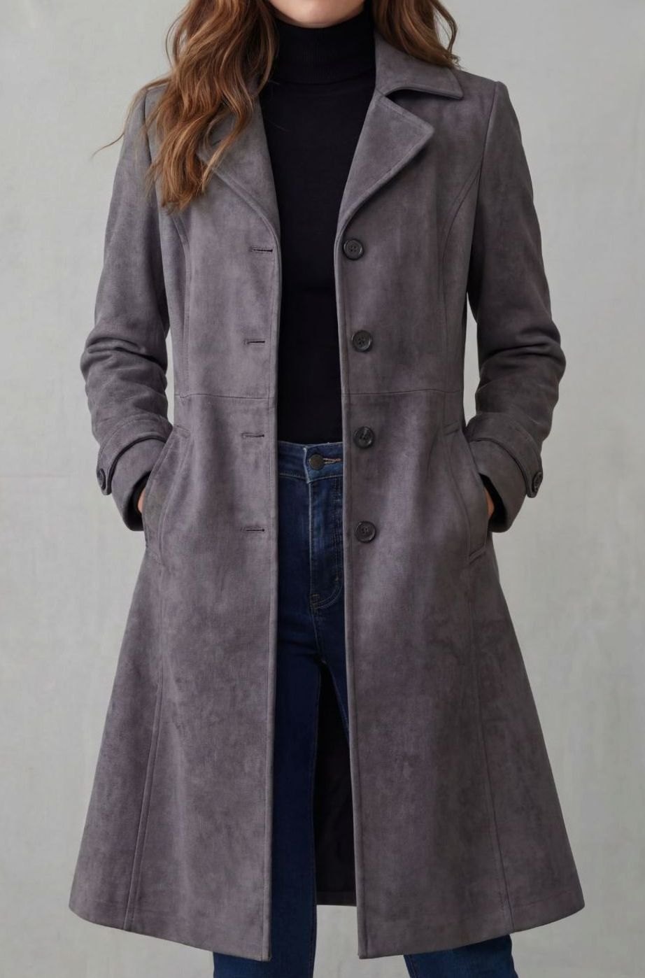 Women's Longline Vintage Suede-Finish Button-Up Winter Coat - Charcoal