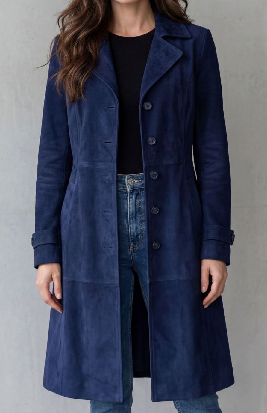 Women's Longline Vintage Suede-Finish Button-Up Winter Coat - Navy