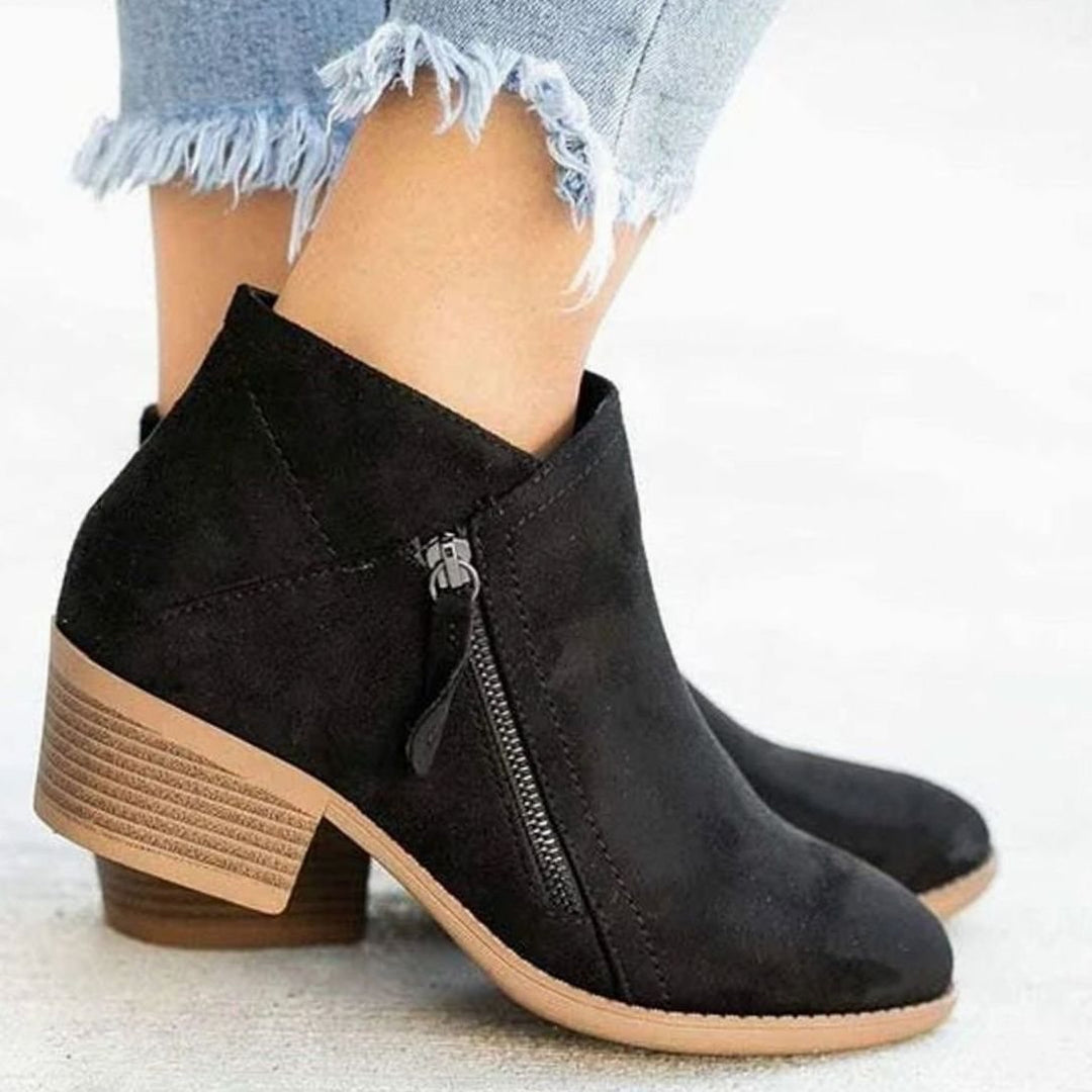 Women's Low-Heel Side-Zip Suede Ankle Boots - Black