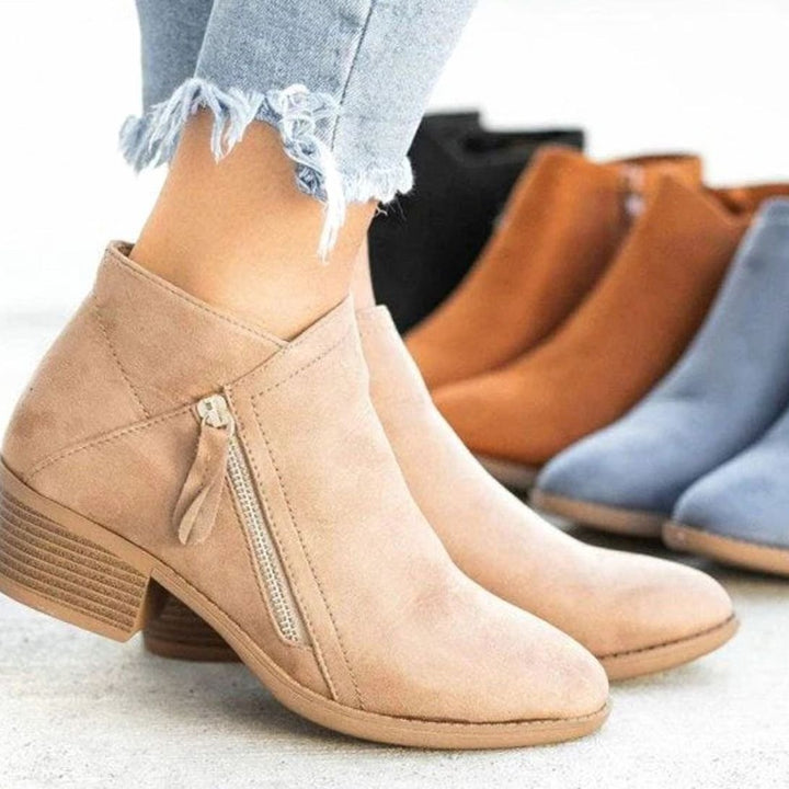 Women's Low-Heel Side-Zip Suede Ankle Boots - Beige