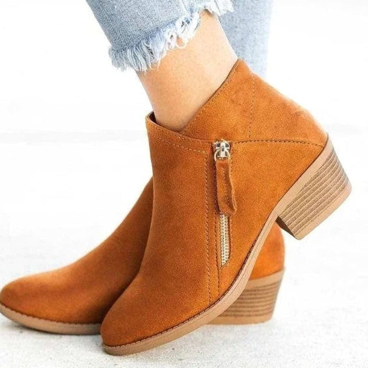 Women's Low-Heel Side-Zip Suede Ankle Boots - Orange