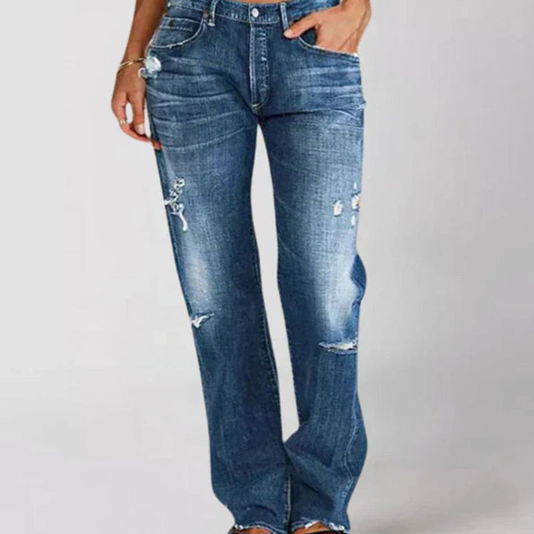 Women's Low-Rise Wide Leg Distressed Baggy Jeans - Dark Blue