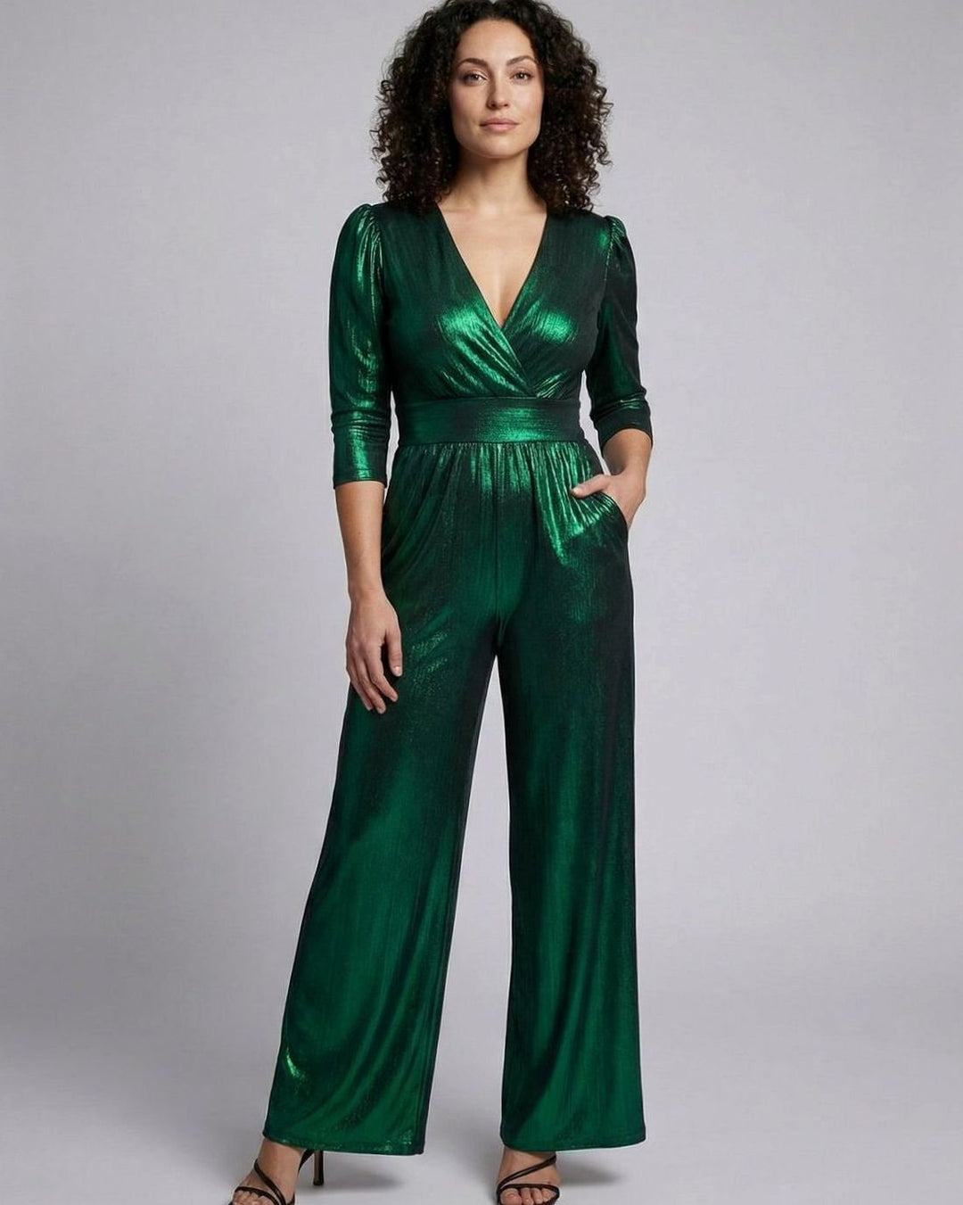 Women's Metallic V-Neck Wide-Leg Holiday Jumpsuit - Green