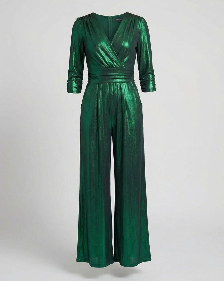 Women's Metallic V-Neck Wide-Leg Holiday Jumpsuit