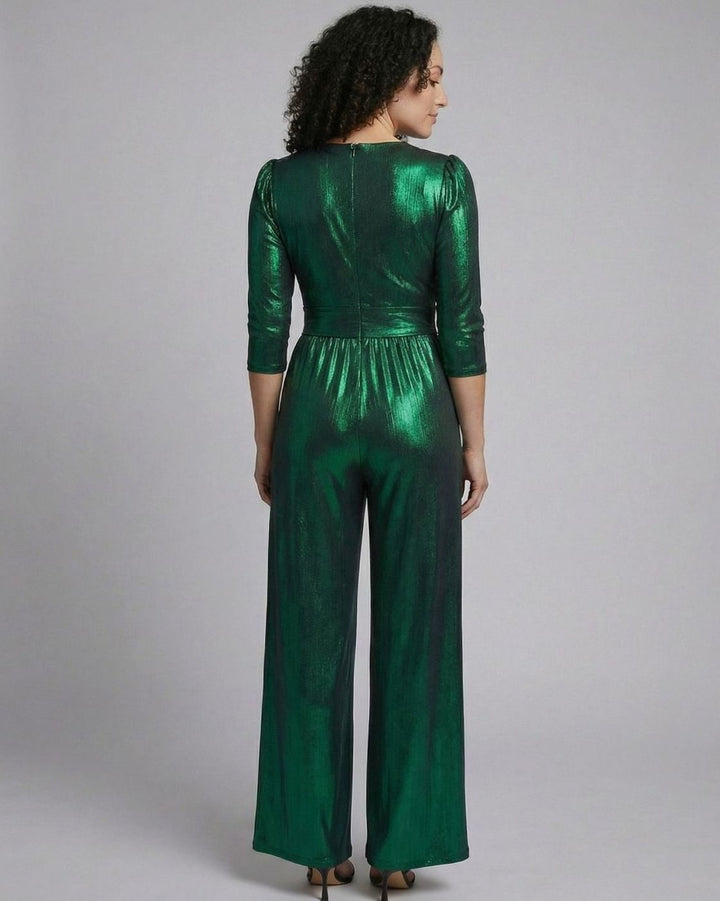 Women's Metallic V-Neck Wide-Leg Holiday Jumpsuit