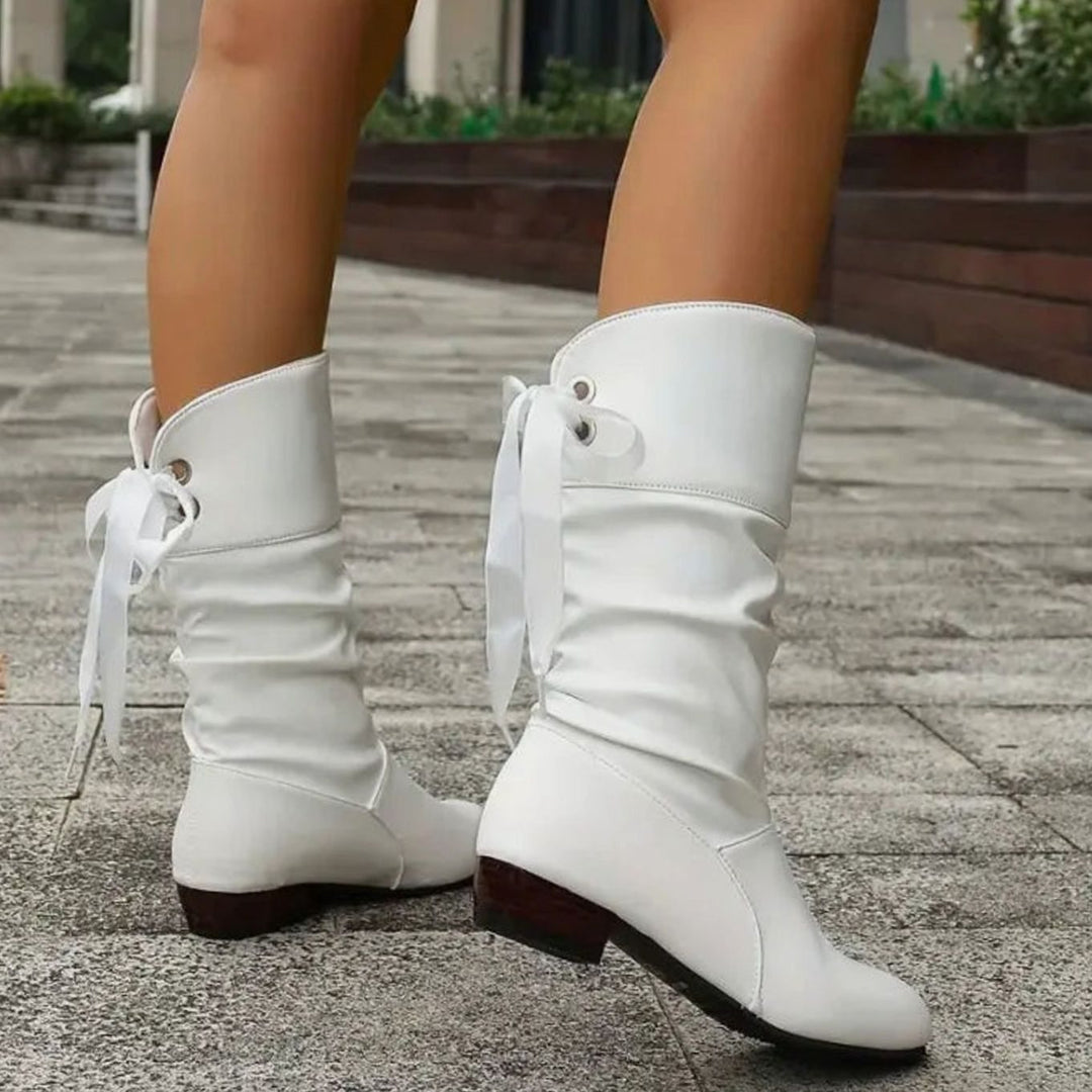 Women's Mid-Calf Slouch Boots Lace-Up Block Heel