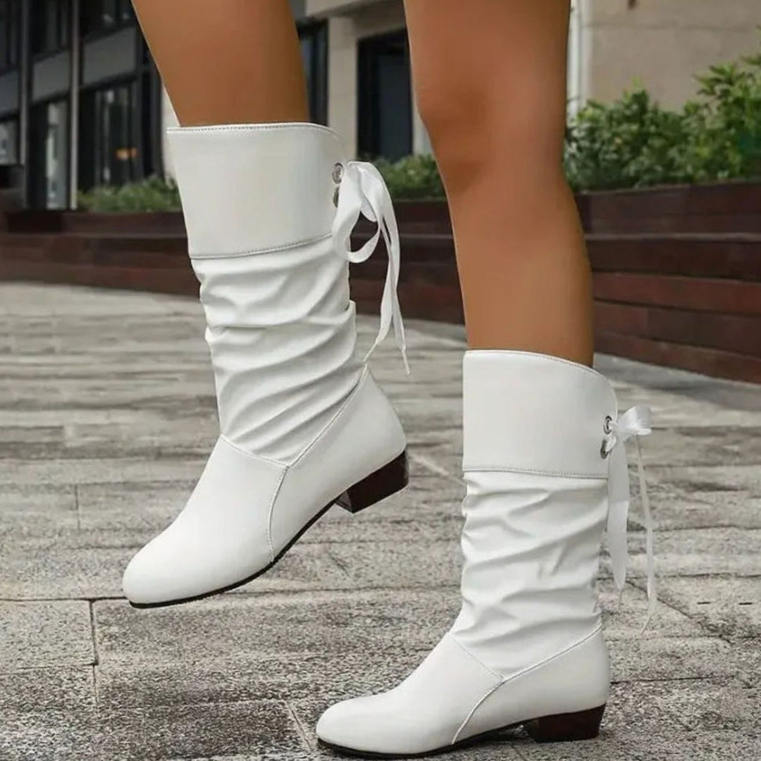 Women's Mid-Calf Slouch Boots Lace-Up Block Heel