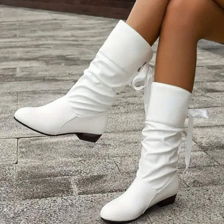 Women's Mid-Calf Slouch Boots Lace-Up Block Heel - White