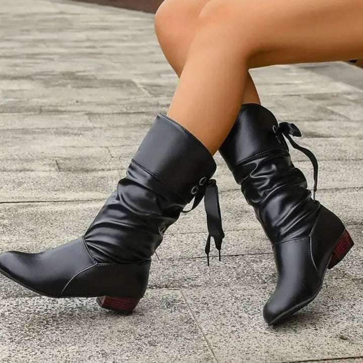 Women's Mid-Calf Slouch Boots Lace-Up Block Heel - Black