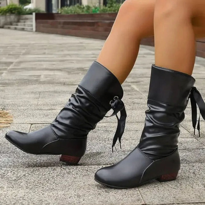 Women's Mid-Calf Slouch Boots Lace-Up Block Heel