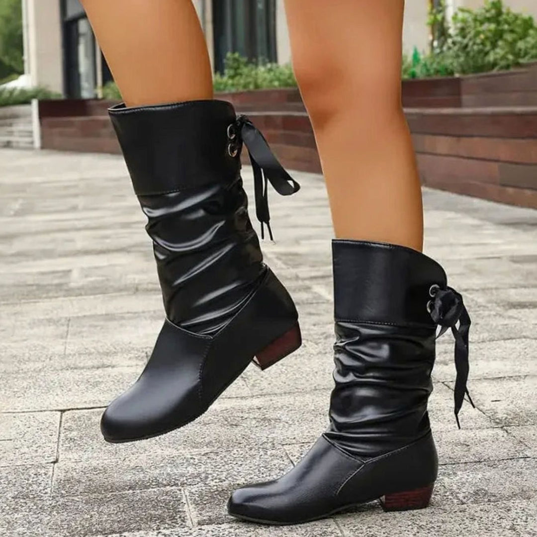 Women's Mid-Calf Slouch Boots Lace-Up Block Heel