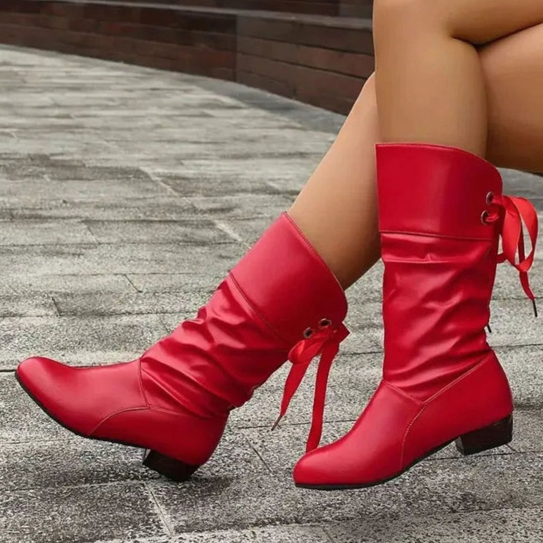 Women's Mid-Calf Slouch Boots Lace-Up Block Heel