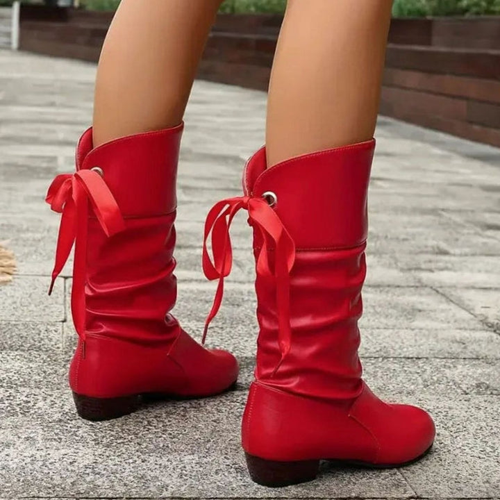 Women's Mid-Calf Slouch Boots Lace-Up Block Heel