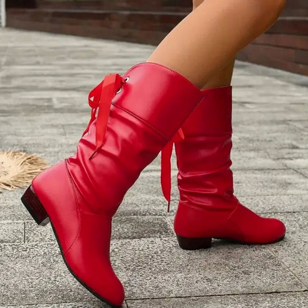 Women's Mid-Calf Slouch Boots Lace-Up Block Heel