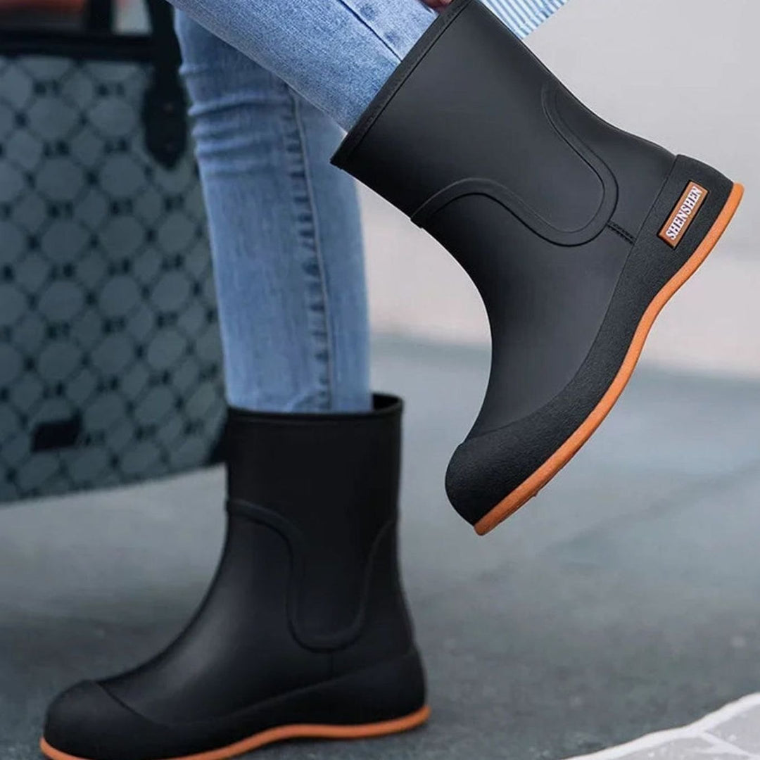 Women's Mid-Calf Waterproof Rubber Rain Boots - Black