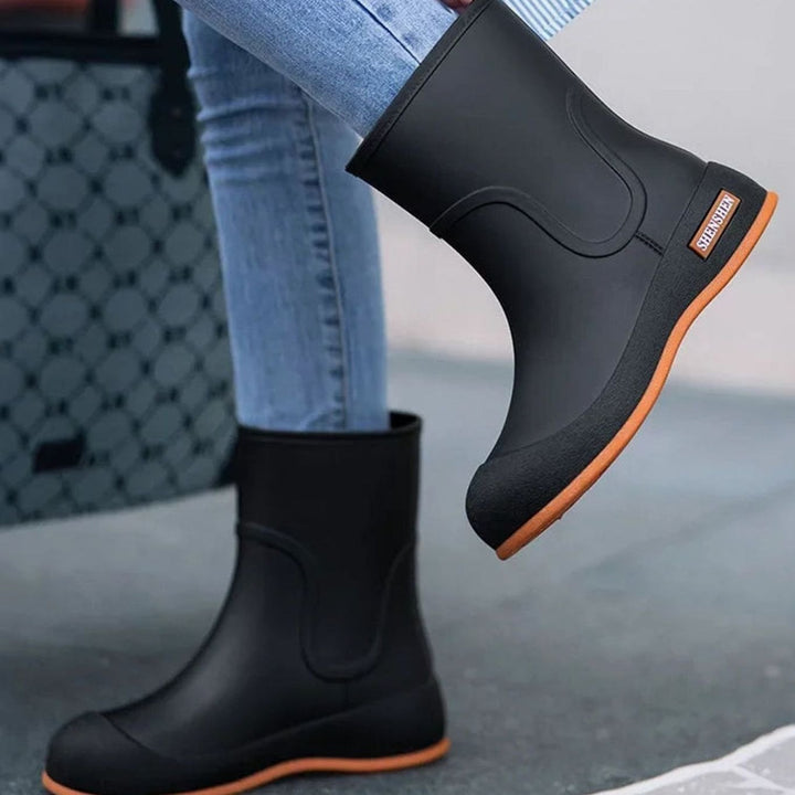 Women's Mid-Calf Waterproof Rubber Rain Boots - Black