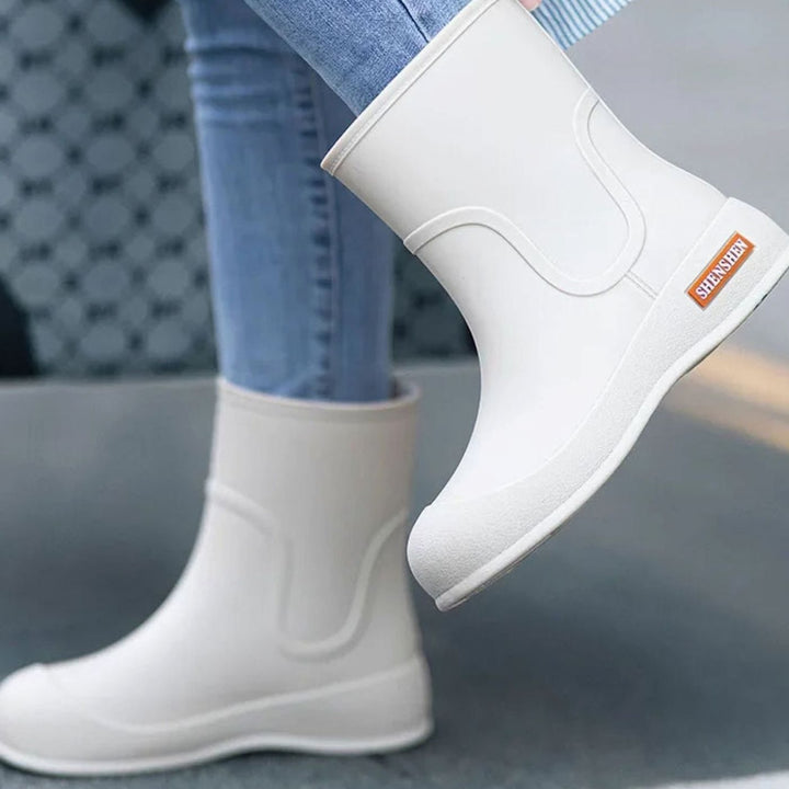 Women's Mid-Calf Waterproof Rubber Rain Boots - White