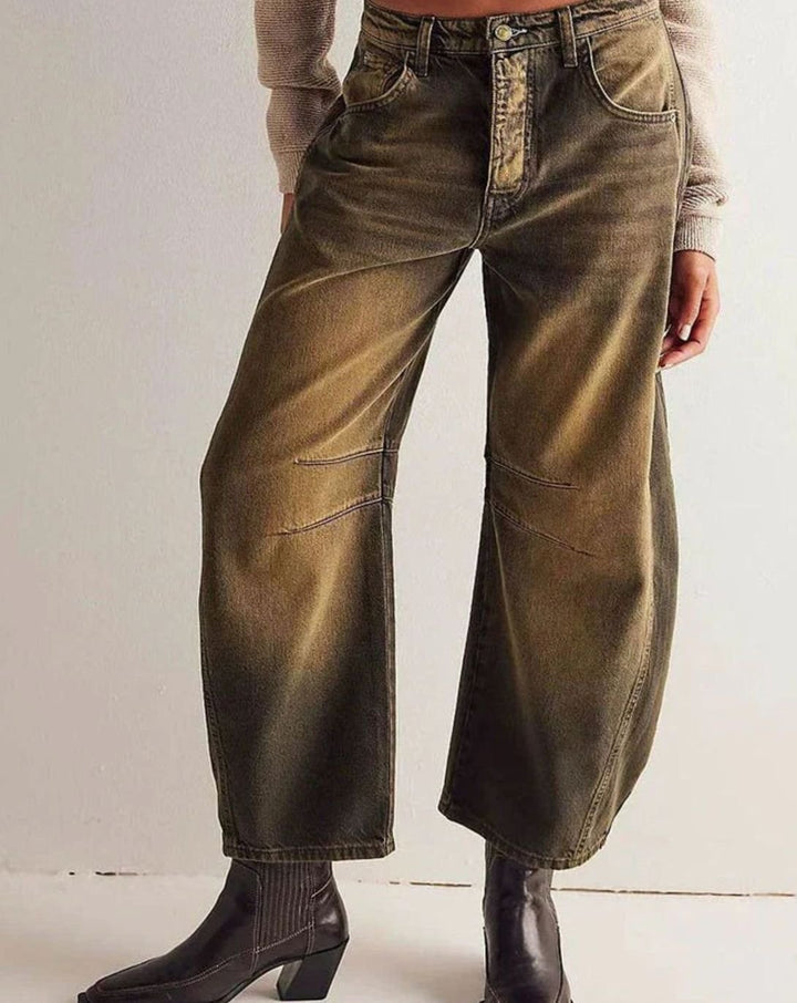 Women's Mid-Rise Barrel-Leg Wide Jeans - Brown