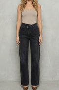 Aria | Women's Mid Rise Straight Leg Jeans Cross-Button Waistband