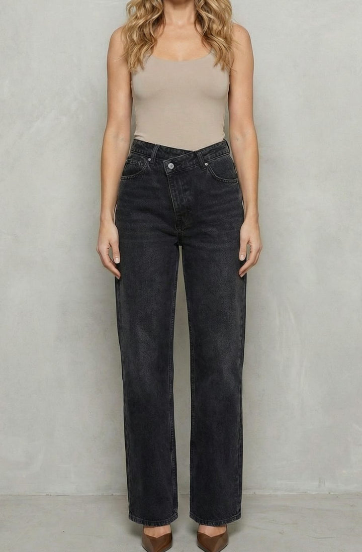 Women's Mid Rise Straight Leg Jeans Cross-Button Waistband - Black