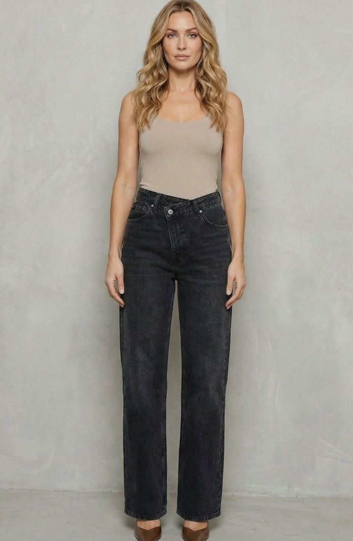 Women's Mid Rise Straight Leg Jeans Cross-Button Waistband