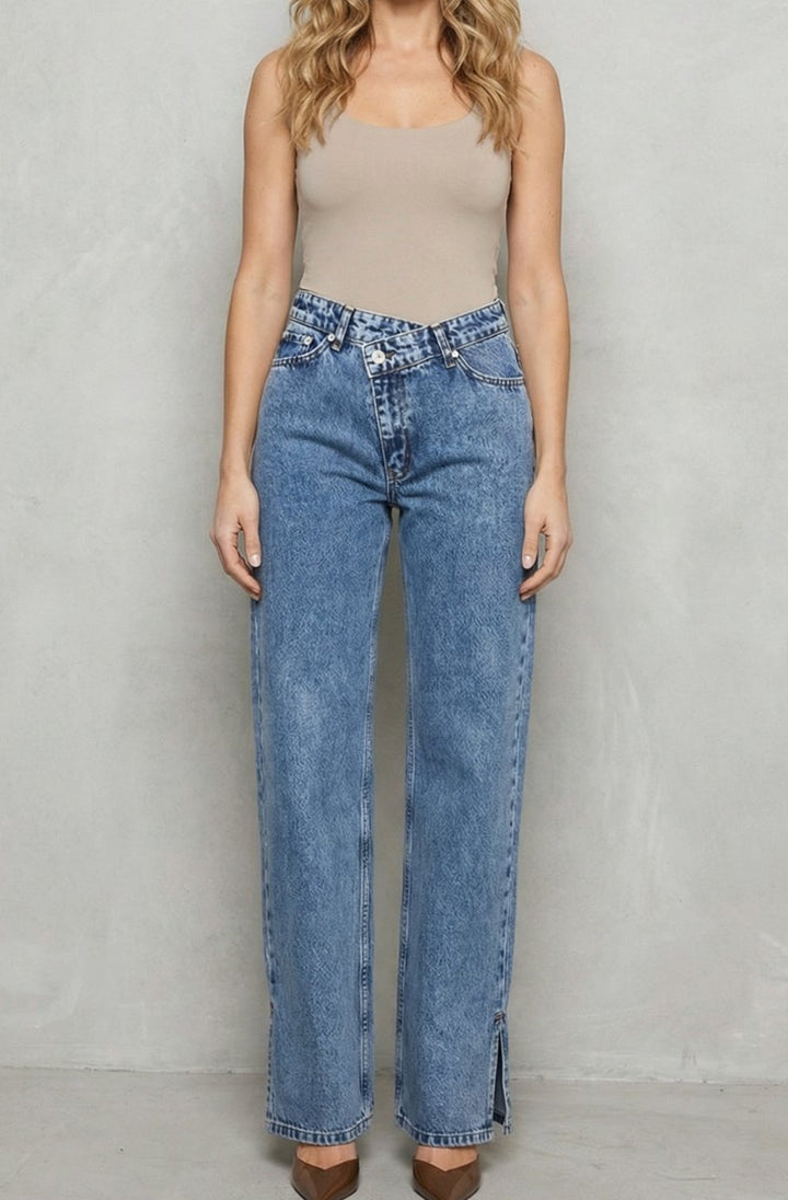Women's Mid Rise Straight Leg Jeans Cross-Button Waistband - Blue