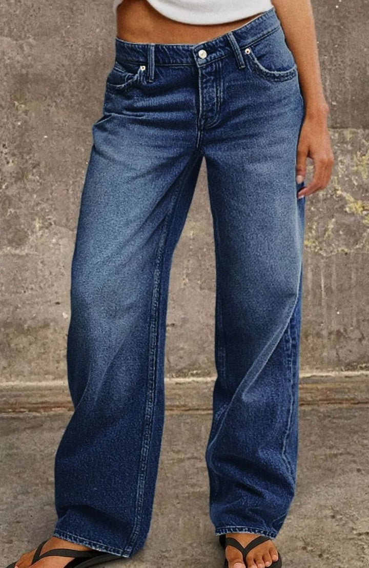 Women's Mid-Rise Wide Leg Straight-Fit Jeans - Dark Blue