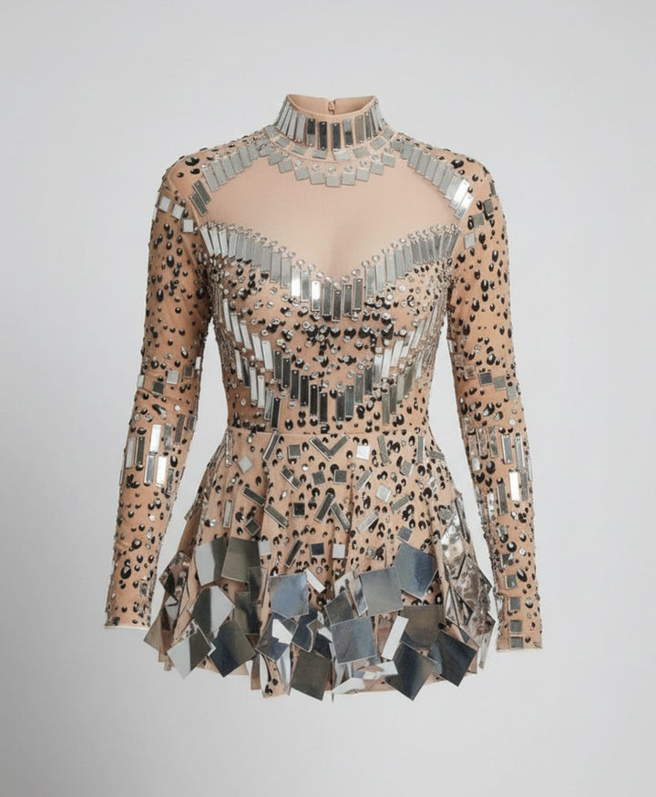 Women's Mirror-Embellished Long Sleeve Sequin Romper