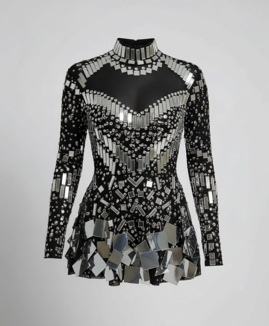 Women's Mirror-Embellished Long Sleeve Sequin Romper - Black