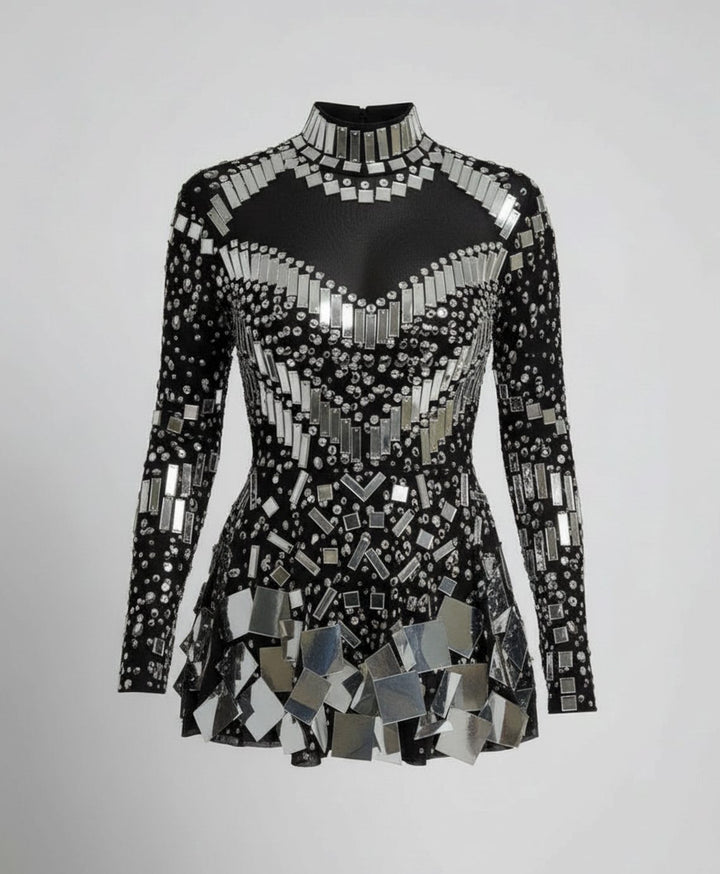 Women's Mirror-Embellished Long Sleeve Sequin Romper - Black