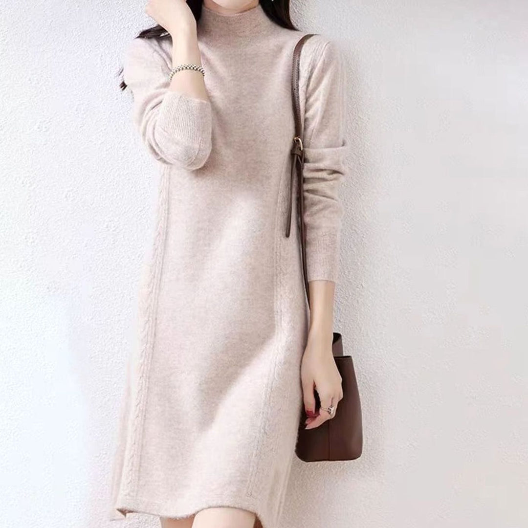 Women's Mock-Neck Long Sleeve Knit Sweater Dress, Navy Blue - Apricot