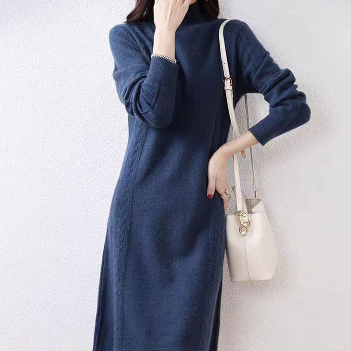 Women's Mock-Neck Long Sleeve Knit Sweater Dress, Navy Blue - Navy Blue