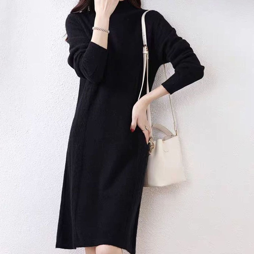 Women's Mock-Neck Long Sleeve Knit Sweater Dress, Navy Blue - Black