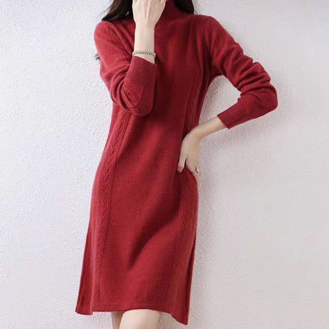 Women's Mock-Neck Long Sleeve Knit Sweater Dress, Navy Blue - Red