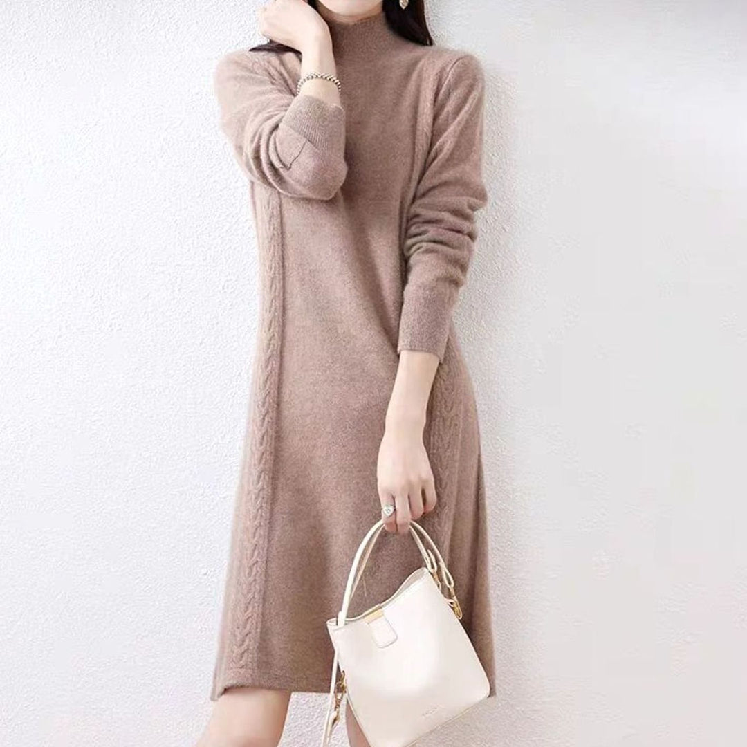 Women's Mock-Neck Long Sleeve Knit Sweater Dress, Navy Blue - Beige
