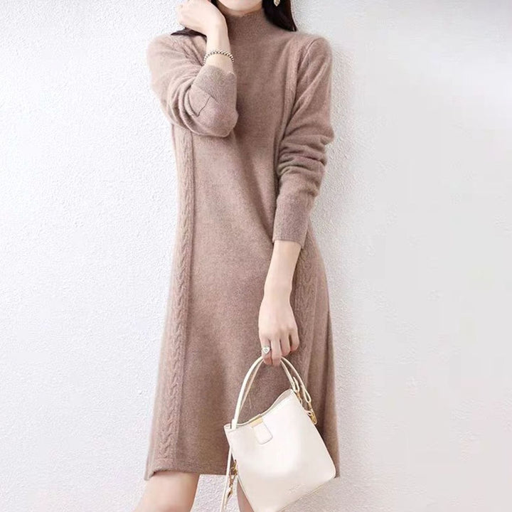 Women's Mock-Neck Long Sleeve Knit Sweater Dress, Navy Blue - Beige