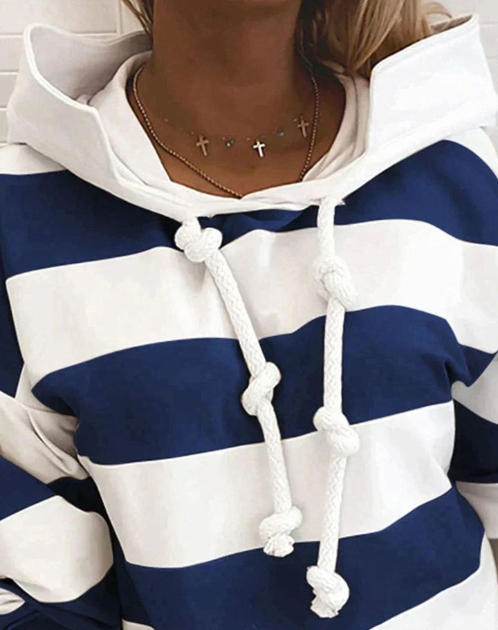 Women's Nautical Stripe Pullover Hoodie Drawstring Sweatshirt