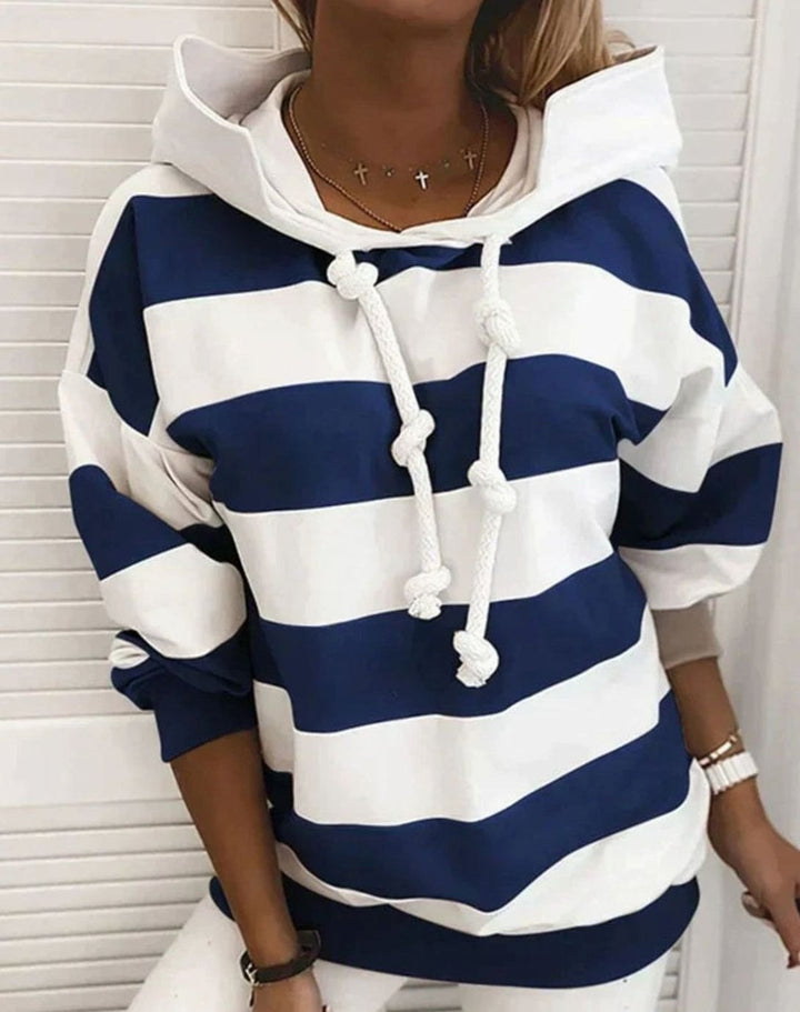 Women's Nautical Stripe Pullover Hoodie Drawstring Sweatshirt - Blue